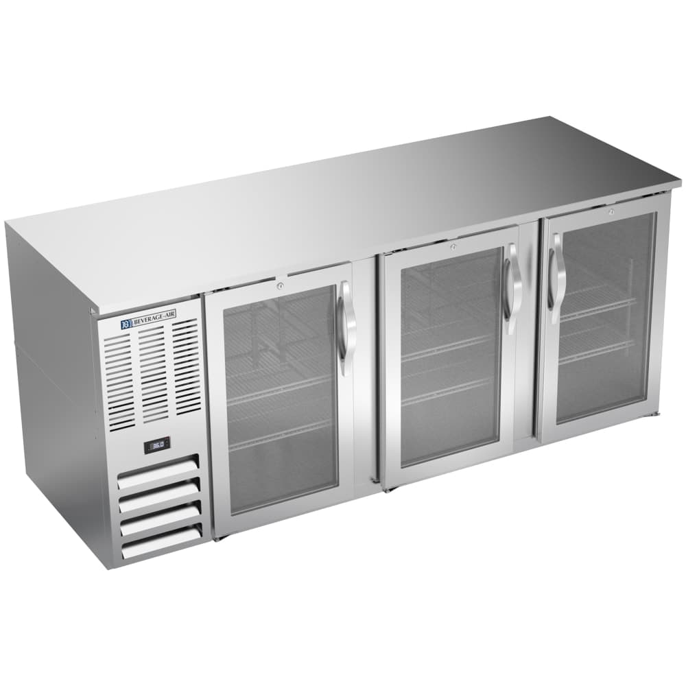 Beverage-Air BB78HC-FG-S 72" Bar Refrigerator - 3 Swinging Glass Doors, Stainless, 115v