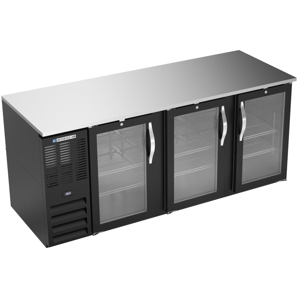 Beverage-Air BB78HC-G-B 79" Bar Refrigerator - 3 Swinging Glass Doors, Black, 115v