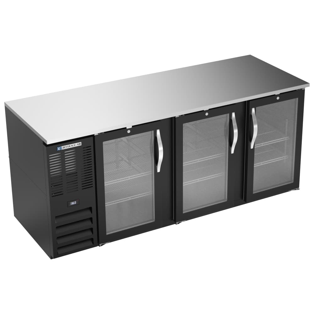 Beverage-Air BB78HC-FG-B 78" Bar Refrigerator - 3 Swinging Glass Doors, Black, 115v
