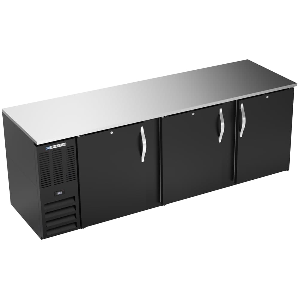 Beverage-Air BB94HC-F-B 95" Bar Refrigerator - 3 Swinging Solid Doors, Black, 115v