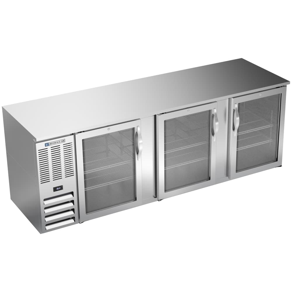 Beverage-Air BB94HC-FG-S 95" Bar Refrigerator - 3 Swinging Glass Doors, Stainless, 115v