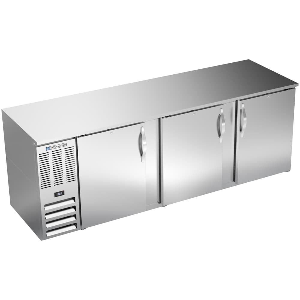 Beverage-Air BB94HC-F-S 95" Bar Refrigerator - 3 Swinging Solid Doors, Stainless, 115v