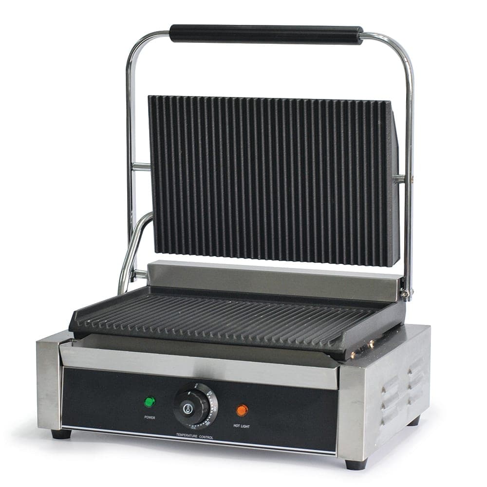 Global Solutions Single Commercial Panini Press w/ Cast Iron Grooved Plates, 120v (GS1621)