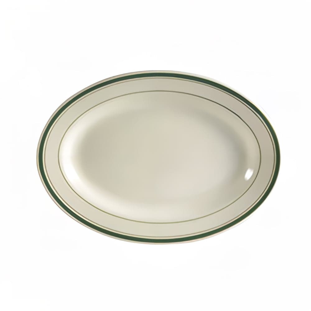 CAC 12 1/2" x 8 5/8" Oval Greenbrier Platter - Plain, (3) Green Bands (GS-14)