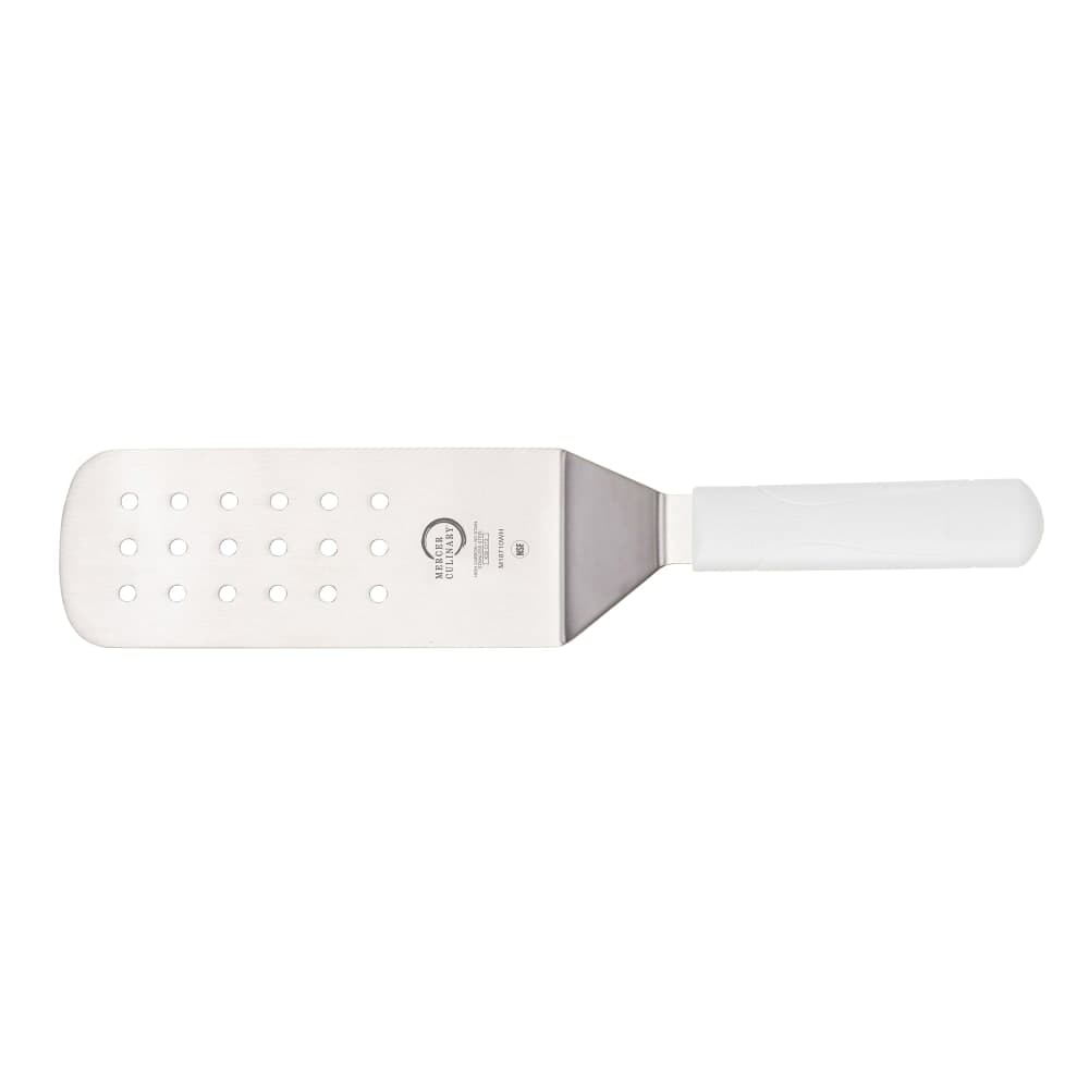 Mercer Culinary M18710WH 8" x 3" Perforated Turner w/ White Polypropylene Handle, High Carbon Japanese Steel