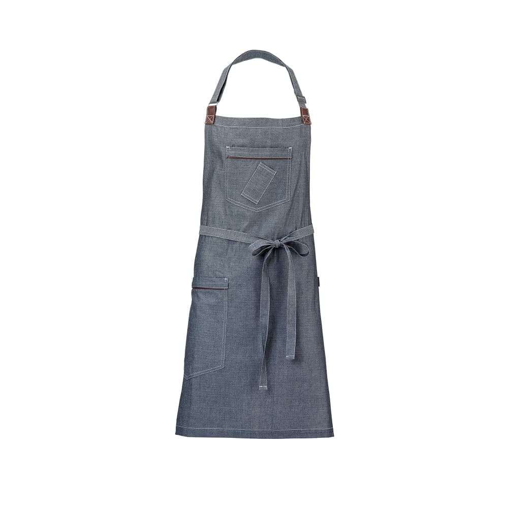 Mercer Culinary M63200DEN Full Length Bib Apron w/ (3) Pockets - 34 1/4" x 30 3/4", Cotton, Indigo