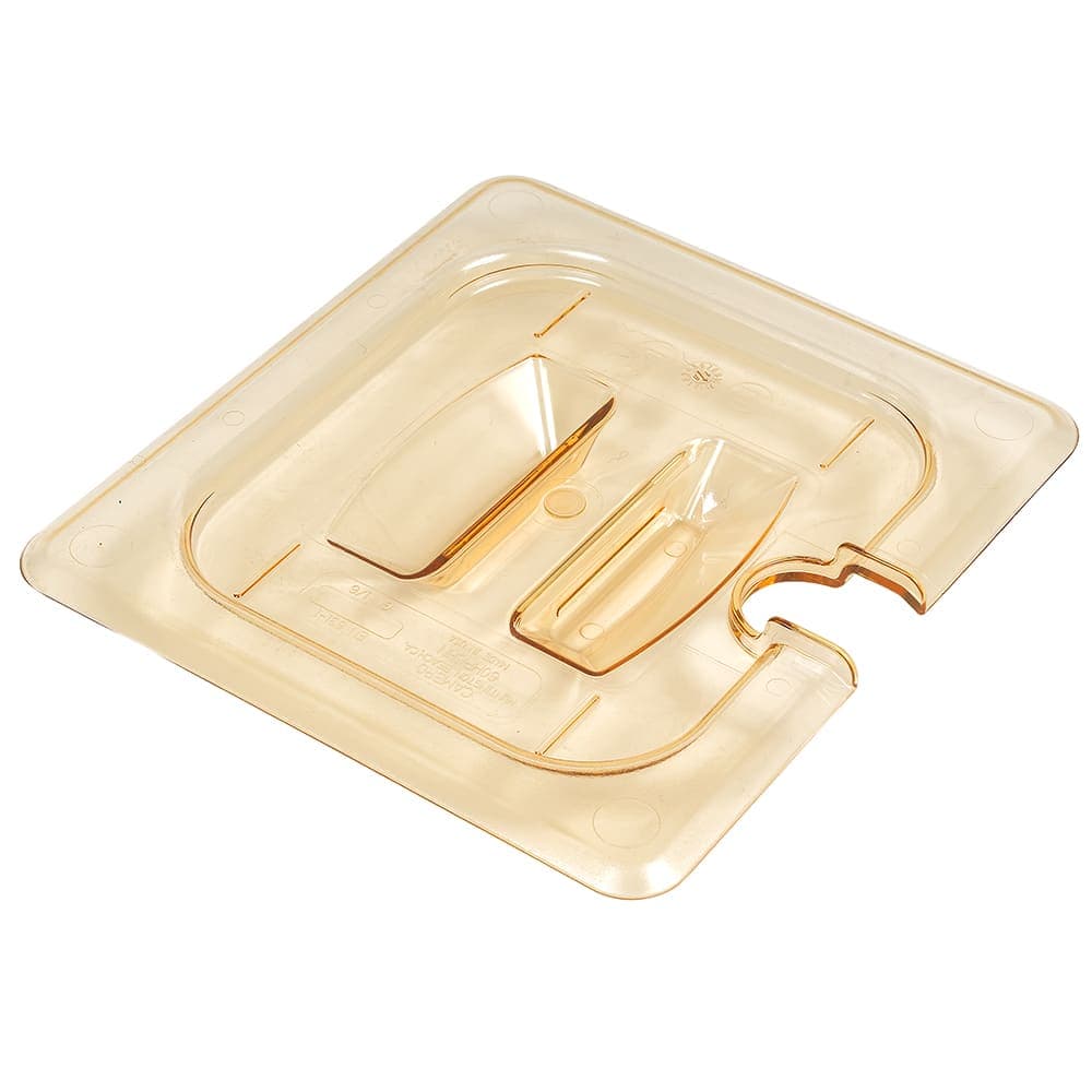 Cambro 60HPCHN150 H-Pan Food Pan Cover - 1/6 Size, Non-Stick, Notched with Handle, Amber