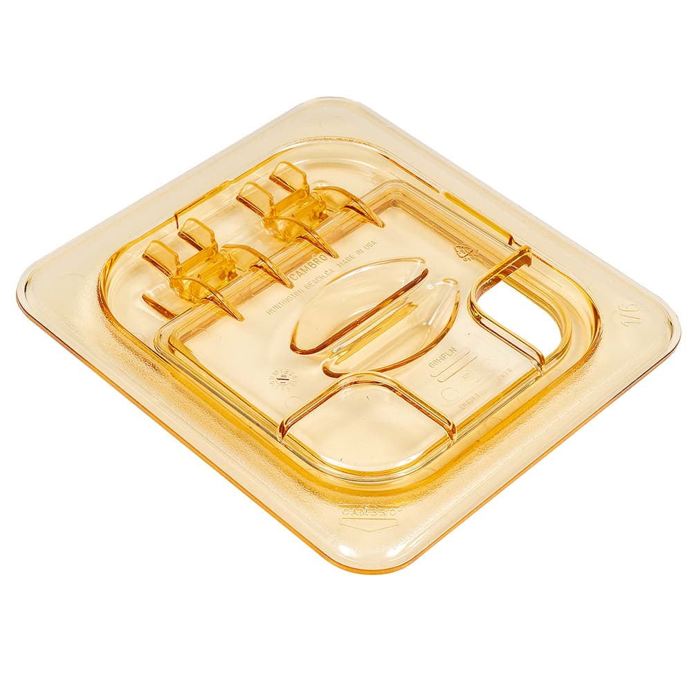 Cambro 60HPLN150 FlipLid Hot Food Pan Cover - 1/6 Size, Notched, Hinged, Amber