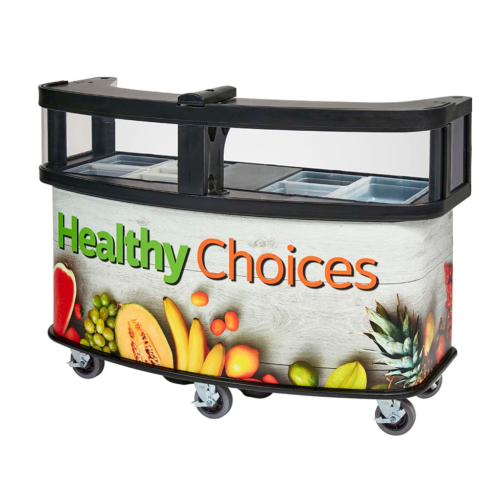 Cambro CVC75W14 75"W Open Well Vending Cart w/ Safety Barrier & Umbrella Hole - Polyethylene, Healthy Choices" Wrap
