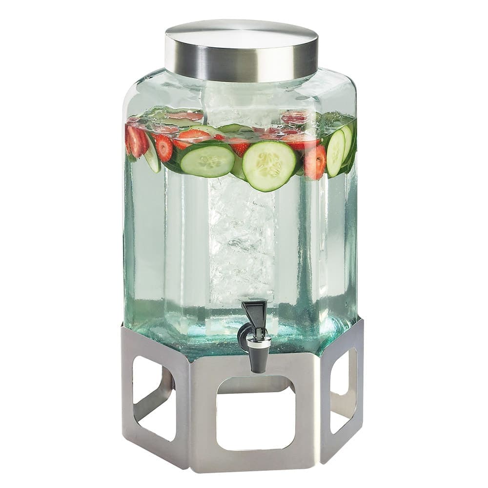Cal-Mil 1111-55 2 Gallon Hexagon Glass Beverage Dispenser w/ Ice Chamber - Silver Stainless Steel Base