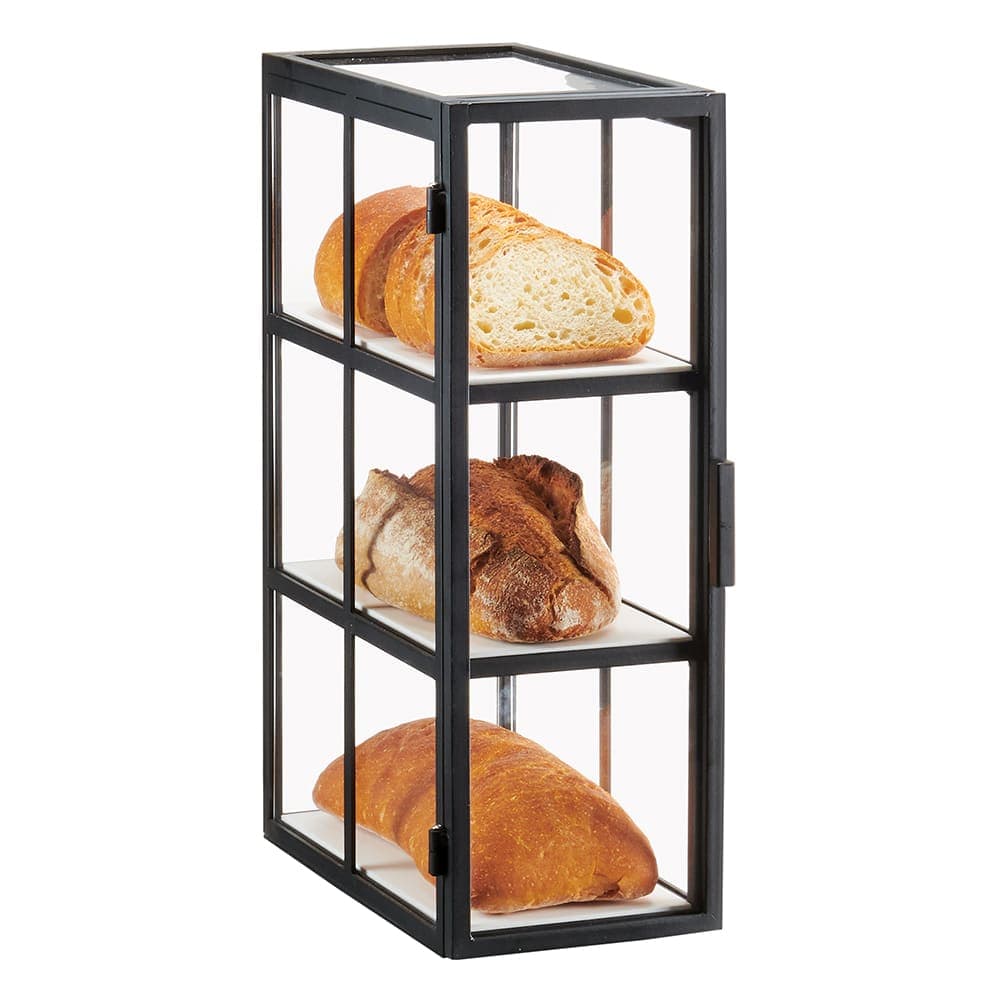 Cal-Mil 22030-13 3 Tier Bread Display Case w/ Swing Door - 13 3/4"W x 7"W x 20 1/2"H, Acrylic/Steel, Black