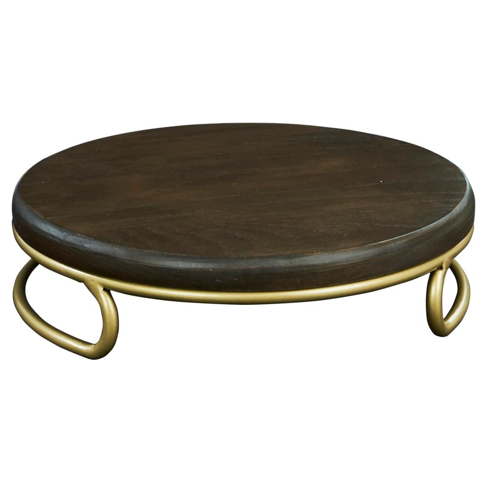 Cal-Mil 22425-3-112 12" Round Display Riser - 3"H, Dark Stained Oak Wood/Matte Gold Wire Base