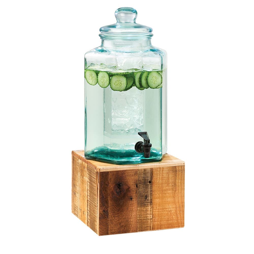 Cal-Mil 3422-2 Madera 2 Gallon Industrial Hexagon Glass Beverage Dispenser w/ Ice Chamber - Wood Base