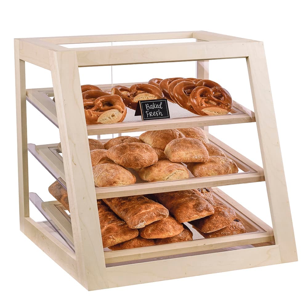 Cal-Mil 3432-71 3 Tier Pastry Display Case w/ Rear Doors - 21"W x 21 1/2"D x 21 1/2"H, Blonde Maple