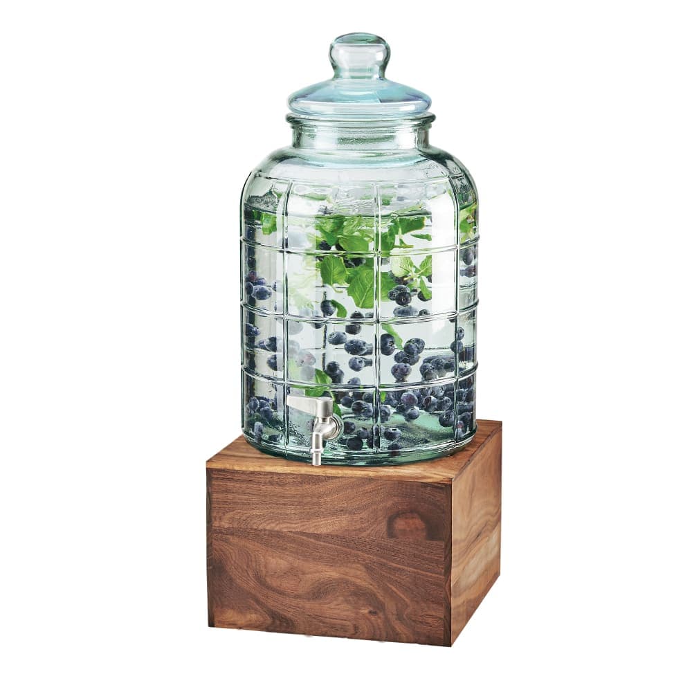 Cal-Mil 3568-2-78 Mid-Century 2 Gallon Round Glass Beverage Dispenser w/ Ice Chamber - Wood Base