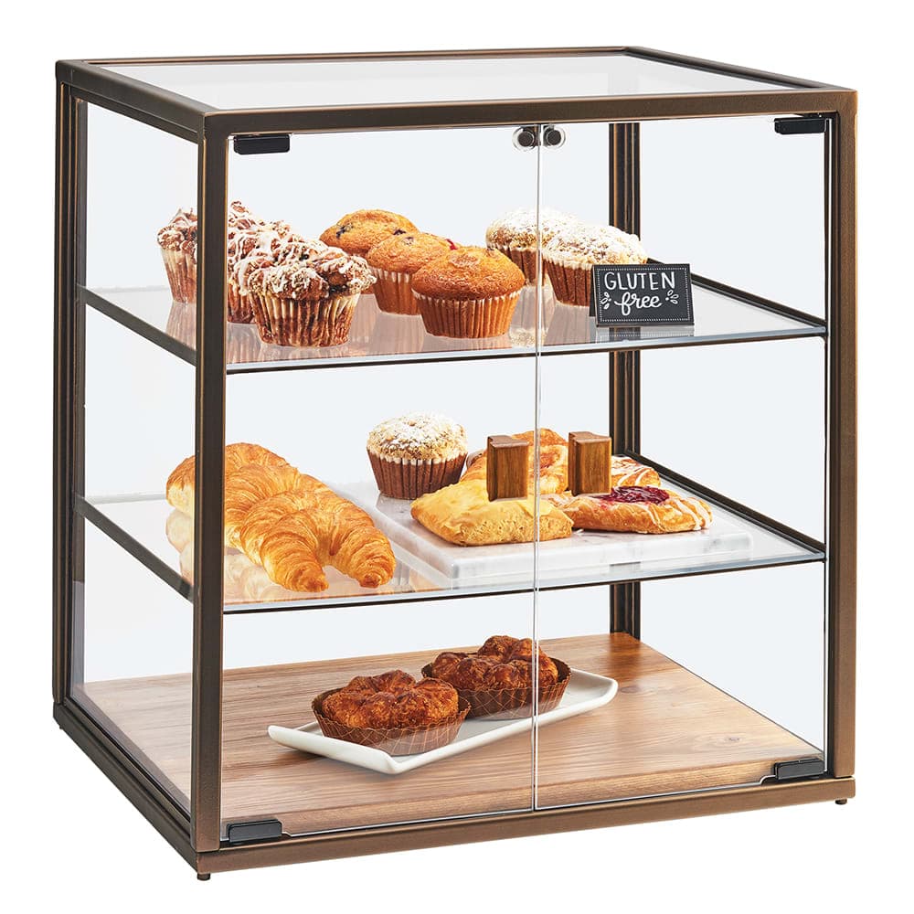 Cal-Mil 3610 3 Tier Pastry Display Case w/ Hinged Doors - Antique Metal Frame, Acrylic