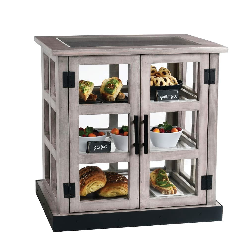 Cal-Mil 3621-110 3 Tier Pastry Display Case w/ Hinged Doors - 25"W x 17"D x 23"H, Gray Washed Paneled/Clear Top