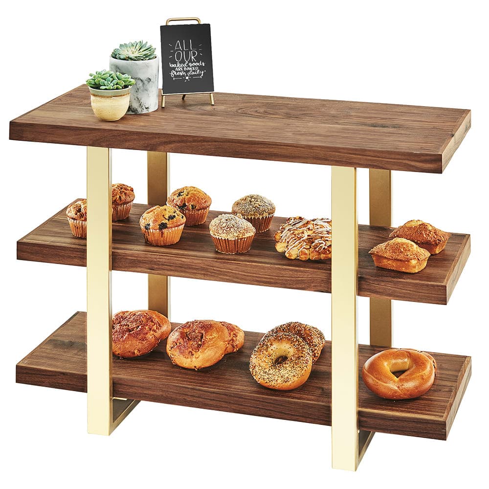 Cal-Mil 3708-46 3 Tier Display Stand w/ Walnut Shelves - 32"W x 13 1/2"D x 25 1/2"H, Brass
