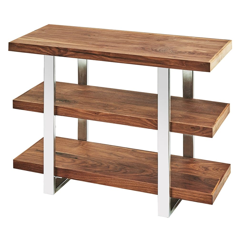 Cal-Mil 3708-49 3 Tier Display Stand w/ Walnut Shelves - 32"W x 13 1/2"D x 25 1/2"H, Chrome