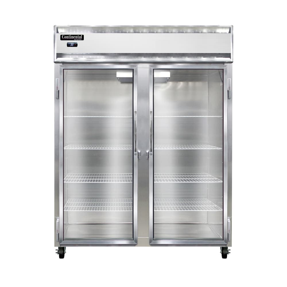 Continental 2RENGD 57" Two Section Reach In Refrigerator, (2) Left/Right Hinge Glass Doors, Top Compressor, 115v