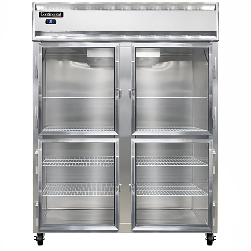 Continental 2RENSAGDHD 57" Two Section Reach In Refrigerator, (4) Left/Right Hinge Glass Doors, Top Compressor, 115v