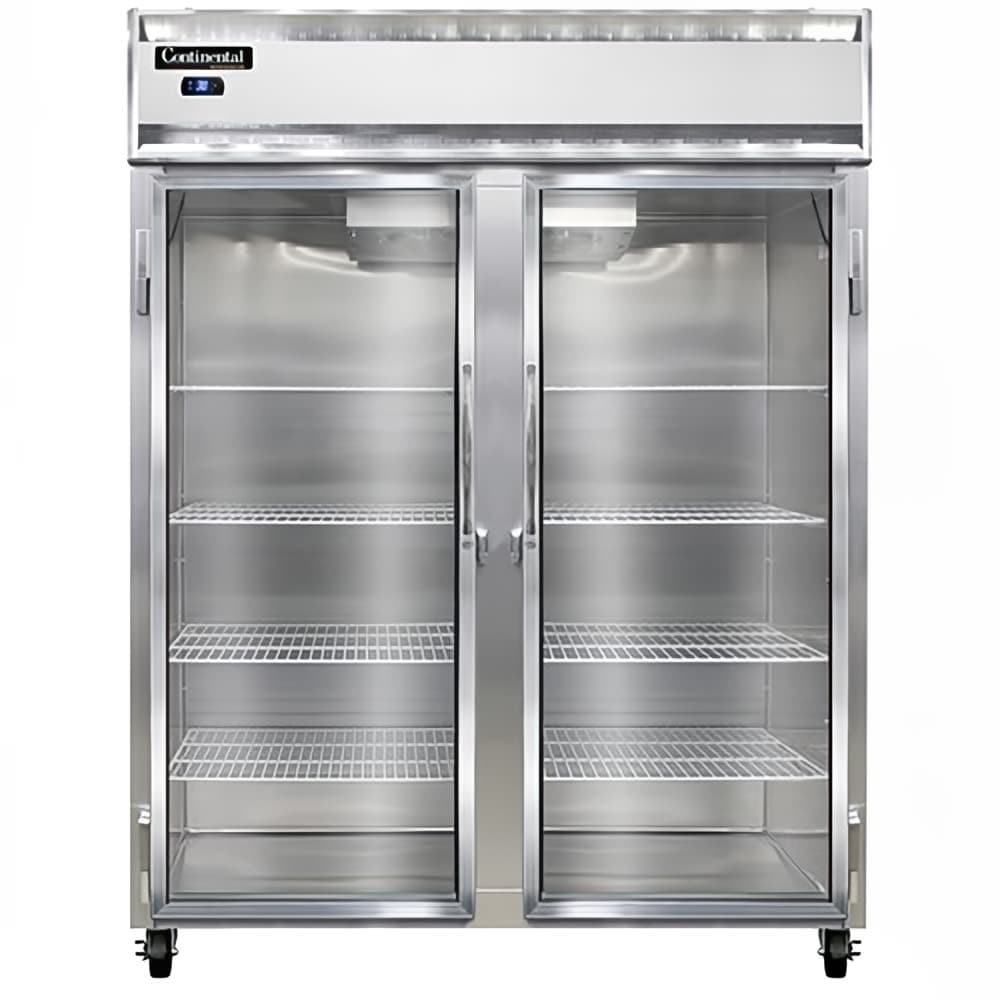Continental 2RENSSGD 57" Two Section Reach In Refrigerator, (2) Left/Right Hinge Glass Doors, Top Compressor, 115v