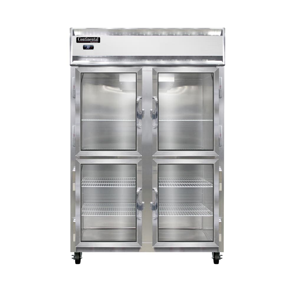 Continental 2RNGDHD 52" Two Section Reach In Refrigerator, (4) Left/Right Hinge Glass Doors, Top Compressor, 115v