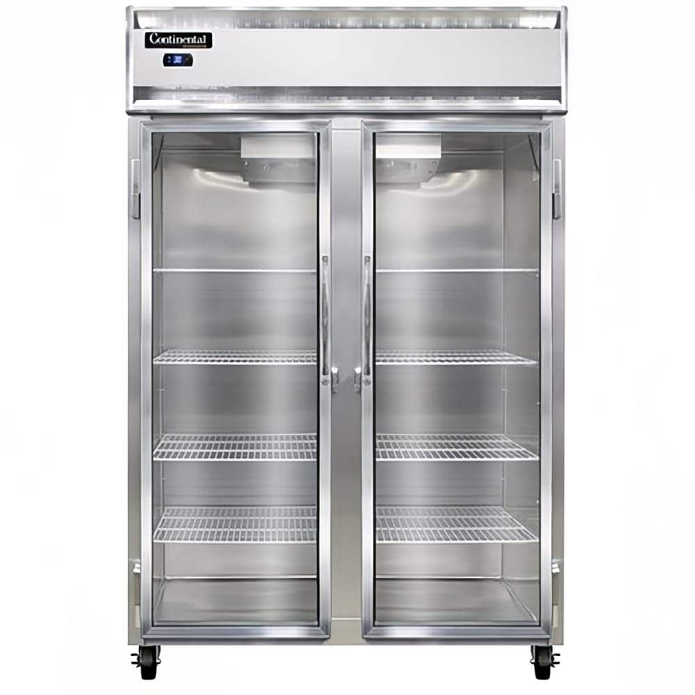 Continental 2RNSAGD 52" Two Section Reach In Refrigerator, (2) Left/Right Hinge Glass Doors, Top Compressor, 115v