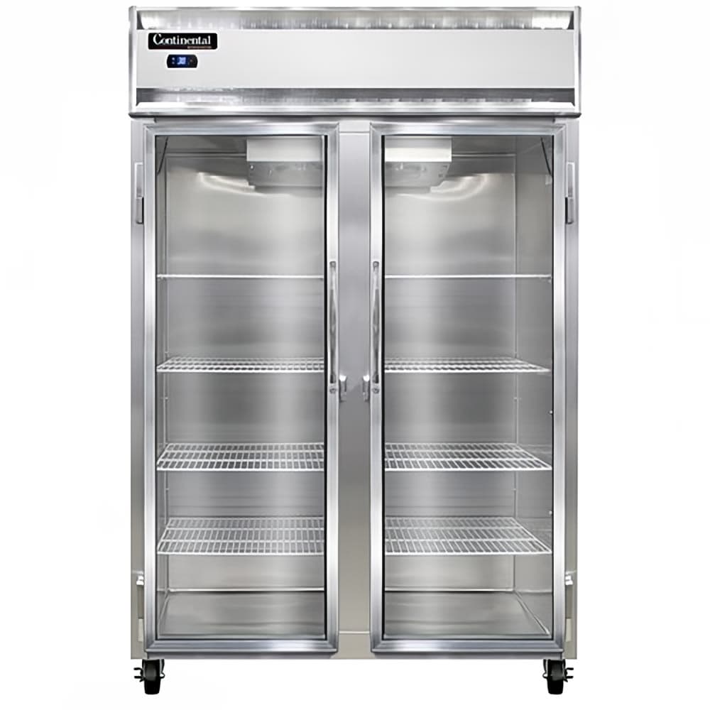Continental 2RSNGD 52" Two Section Reach In Refrigerator, (2) Left/Right Hinge Glass Doors, Top Compressor, 115v