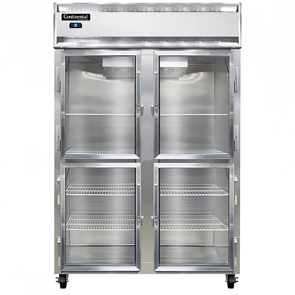 Continental 2RSNGDHD 52" Two Section Reach In Refrigerator, (4) Left/Right Hinge Glass Doors, Top Compressor, 115v