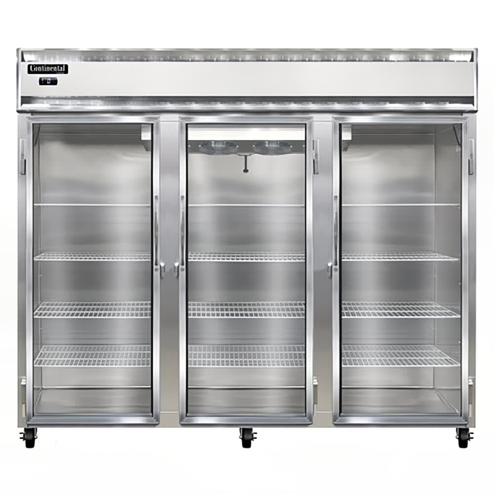 Continental 3FENSAGD 85 1/2" Three Section Reach In Freezer, (3) Left/Right Hinge Glass Doors, 115/208-230v