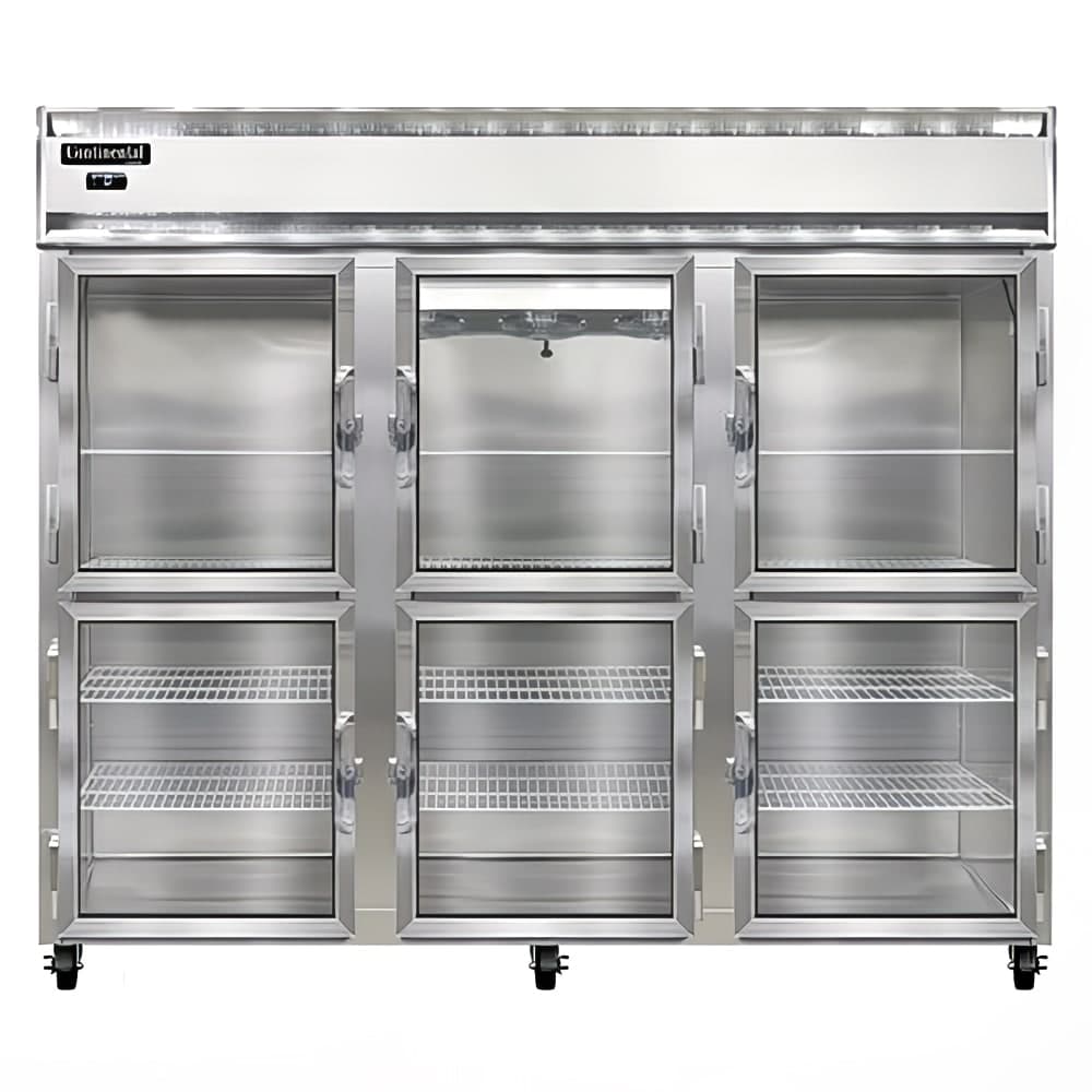 Continental 3FENSAGDHD 85 1/2" Three Section Reach In Freezer, (6) Left/Right Hinge Glass Doors, 115/208-230v