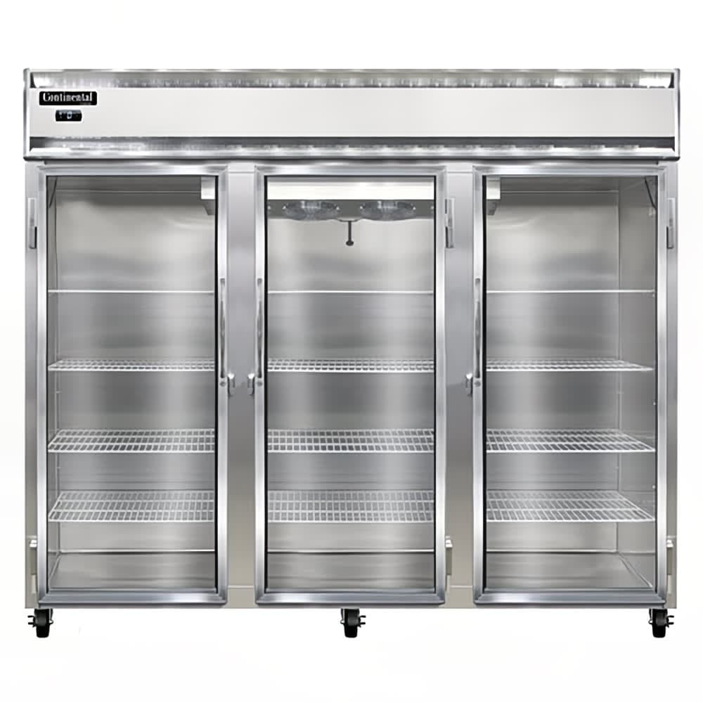 Continental 3FENSSGD 85 1/2" Three Section Reach In Freezer, (3) Left/Right Hinge Glass Doors, 115/208-230v