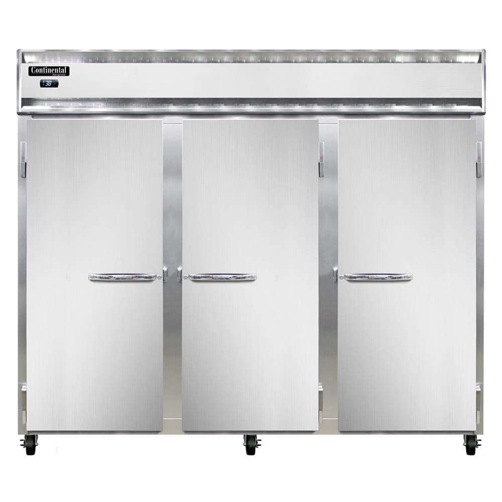 Continental 3REN 85 1/2" Three Section Reach In Refrigerator, (3) Left/Right Hinge Solid Doors, Top Compressor, 115v