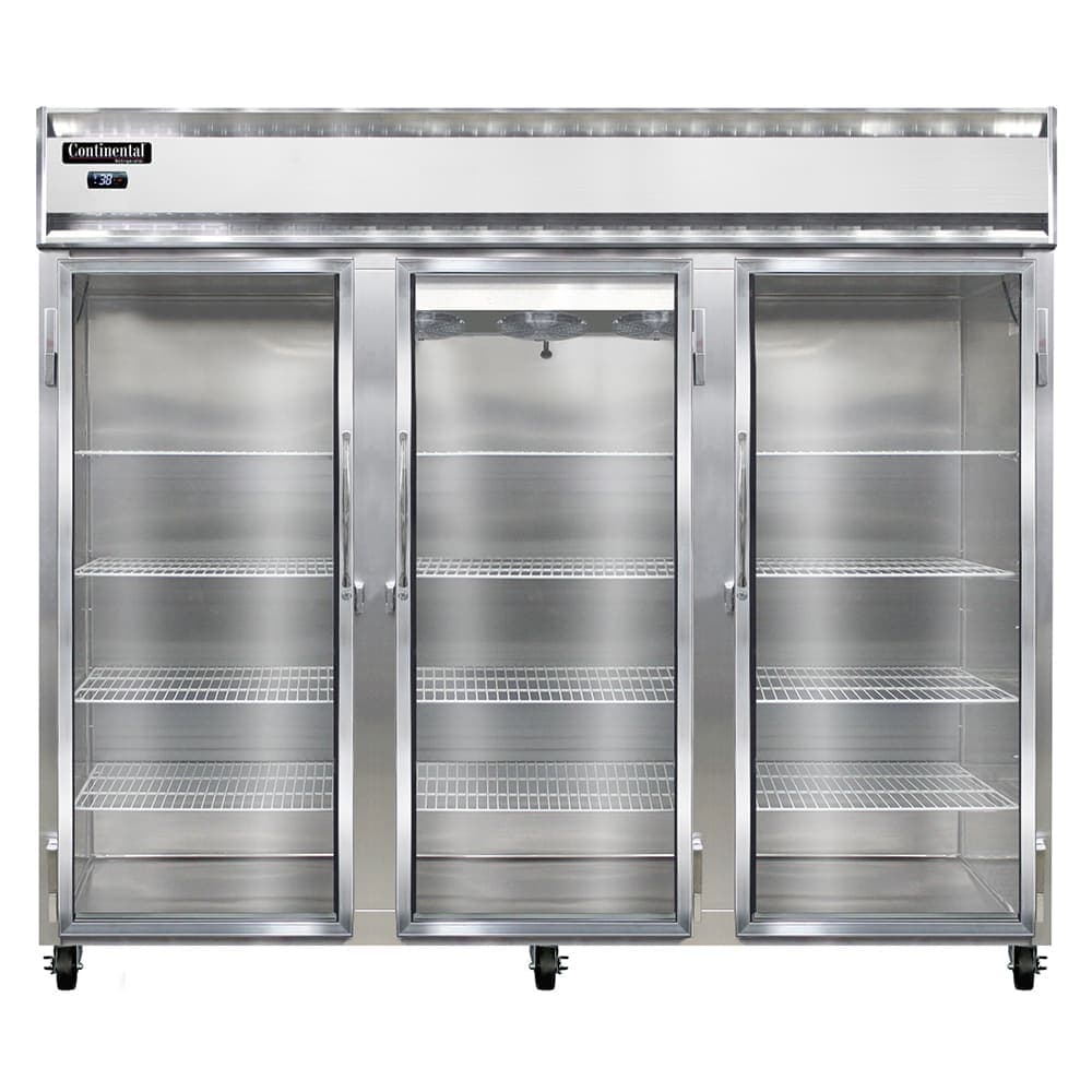 Continental 3RENGD 85 1/2" Three Section Reach In Refrigerator, (3) Left/Right Hinge Glass Doors, Top Compressor, 115v
