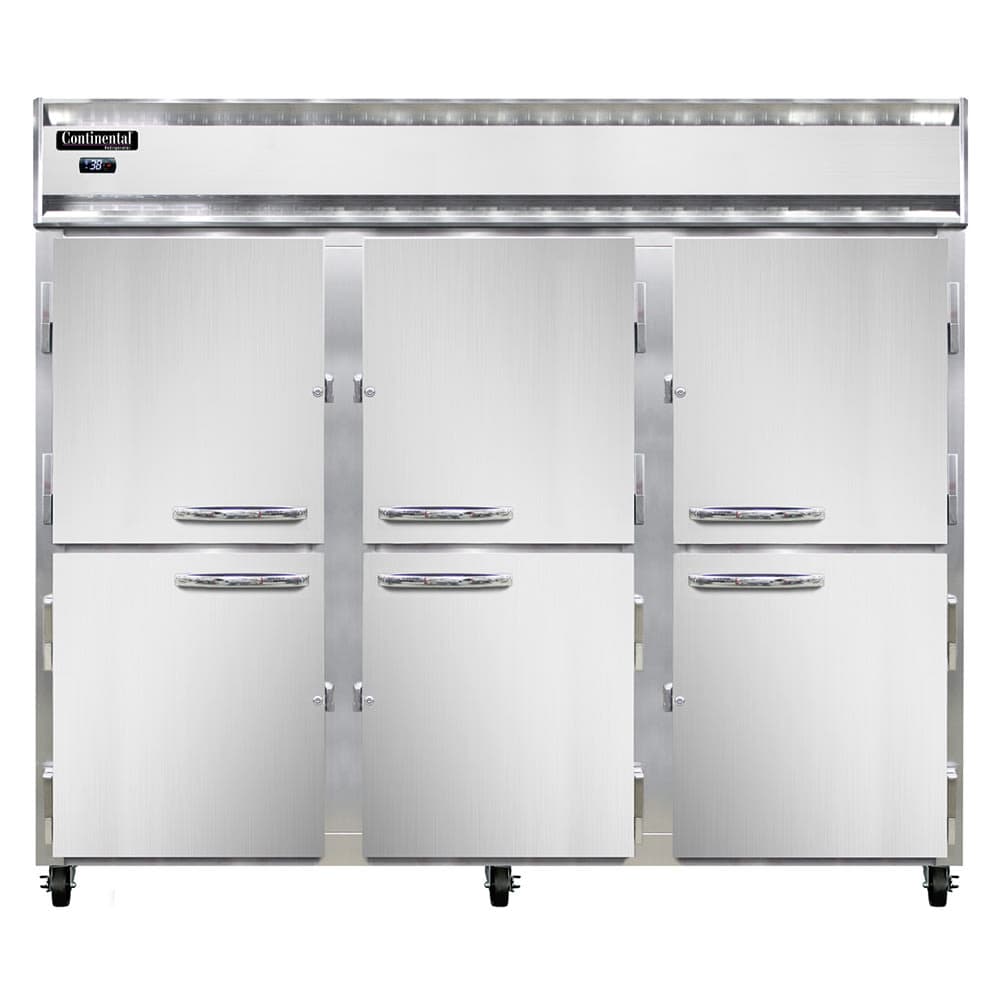 Continental 3RENHD 85 1/2" Three Section Reach In Refrigerator, (6) Left/Right Hinge Solid Doors, Top Compressor, 115v