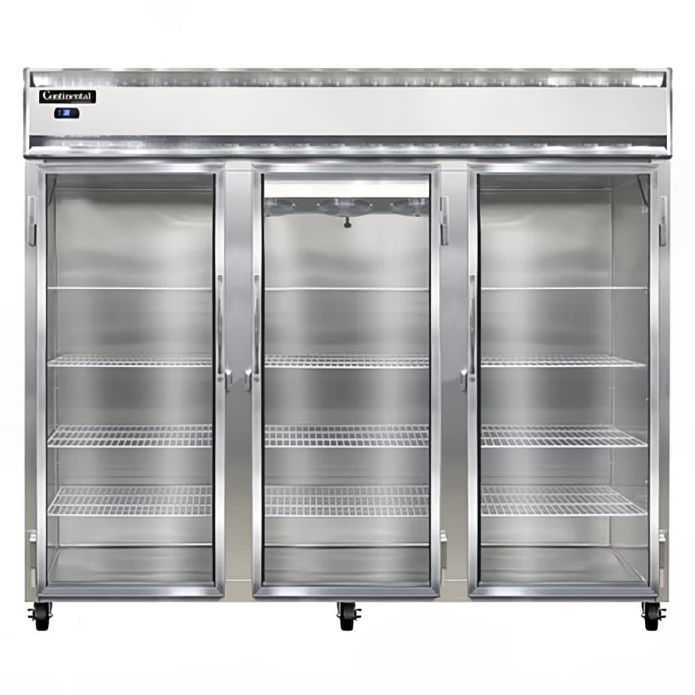 Continental 3RENSAGD 85 1/2" Three Section Reach In Refrigerator, (3) Left/Right Hinge Glass Doors, Top Compressor, 115v