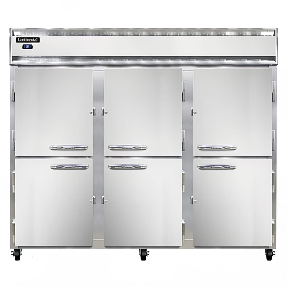 Continental 3RENSAHD 85 1/2" Three Section Reach In Refrigerator, (6) Left/Right Hinge Solid Doors, Top Compressor, 115v