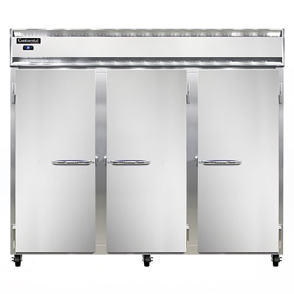 Continental 3RESN 85 1/2" Three Section Reach In Refrigerator, (3) Left/Right Hinge Solid Doors, Top Compressor, 115v