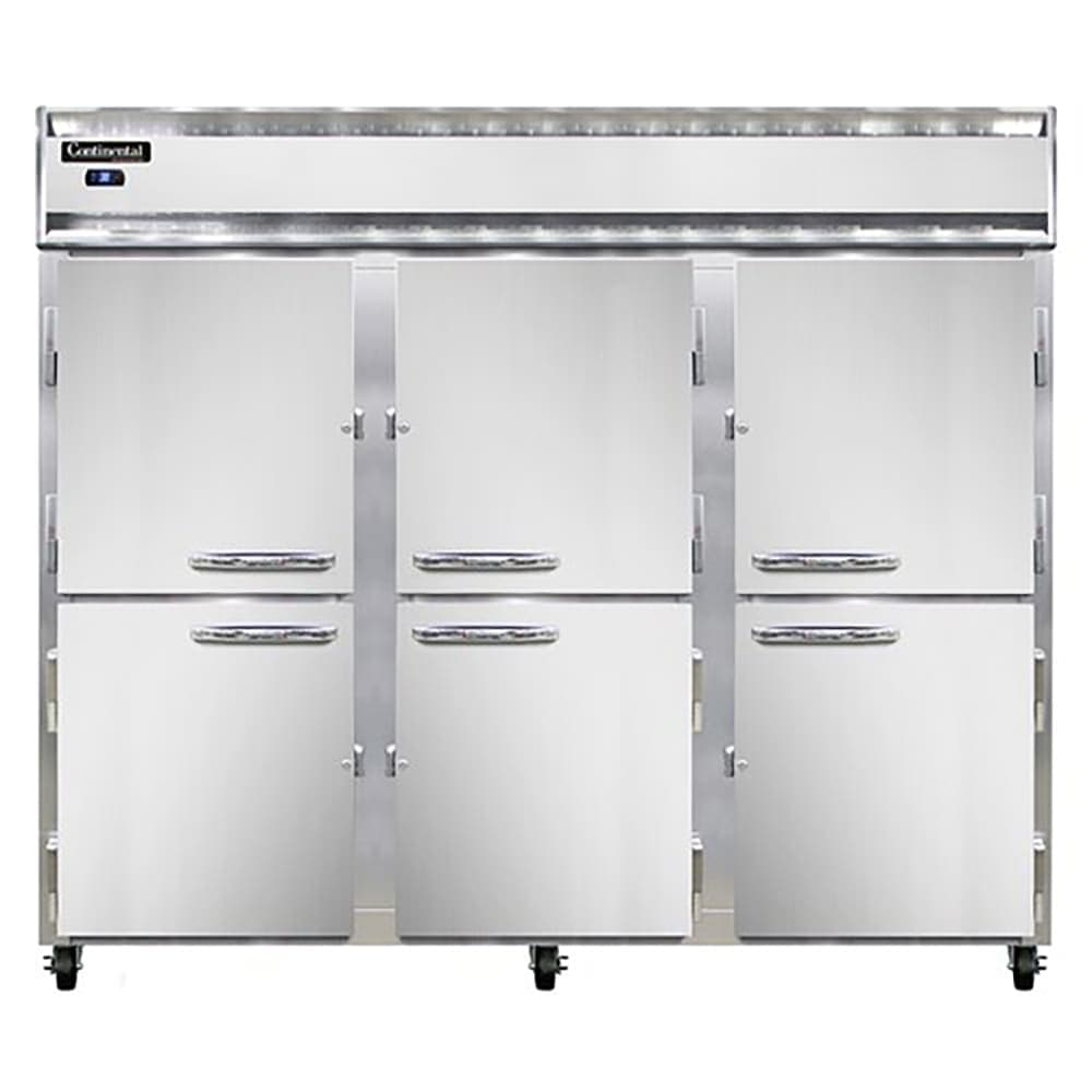 Continental 3RESNHD 85 1/2" Three Section Reach In Refrigerator, (6) Left/Right Hinge Solid Doors, Top Compressor, 115v
