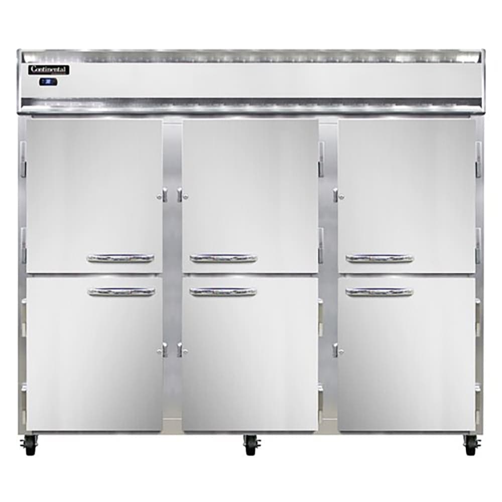 Continental 3RESNSAHD 85 1/2" Three Section Reach In Refrigerator, (6) Left/Right Hinge Solid Doors, Top Compressor, 115v