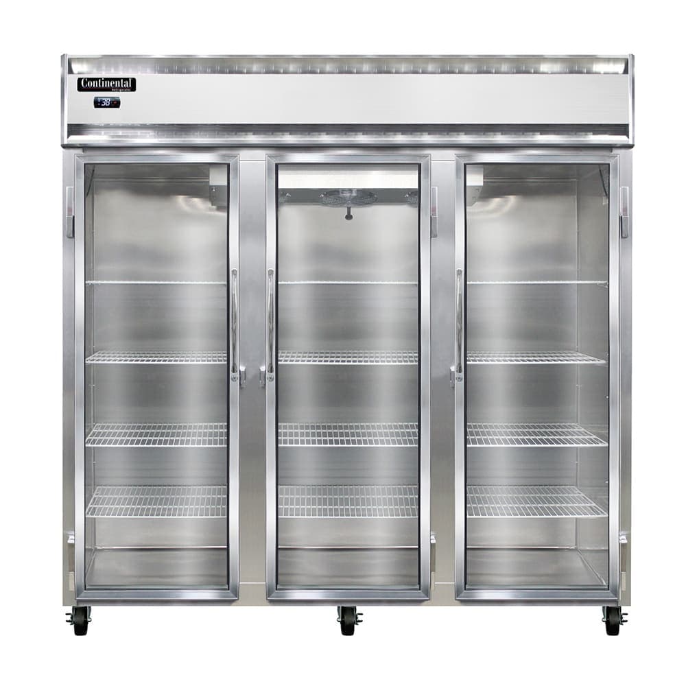 Continental 3RNGD 78" Three Section Reach In Refrigerator, (3) Left/Right Hinge Glass Doors, Top Compressor, 115v