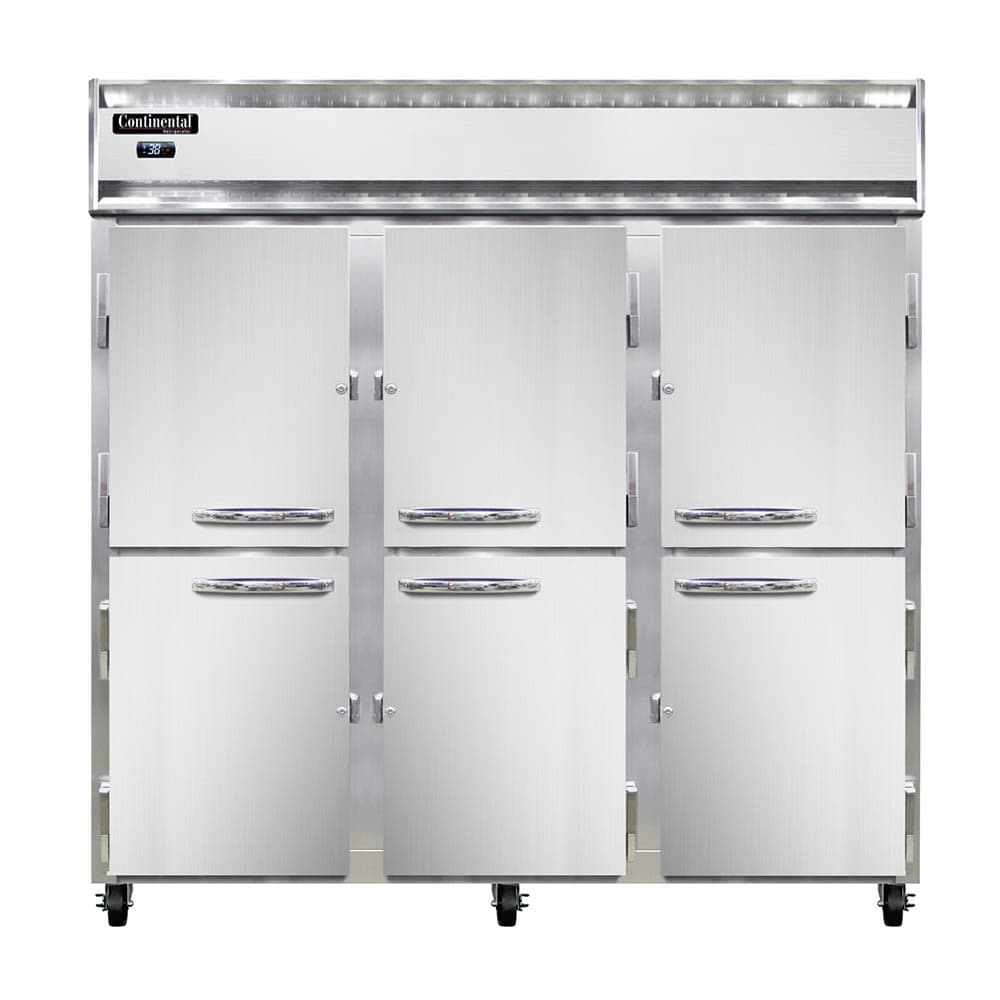 Continental 3RNHD 78" Three Section Reach In Refrigerator, (6) Left/Right Hinge Solid Doors, Top Compressor, 115v