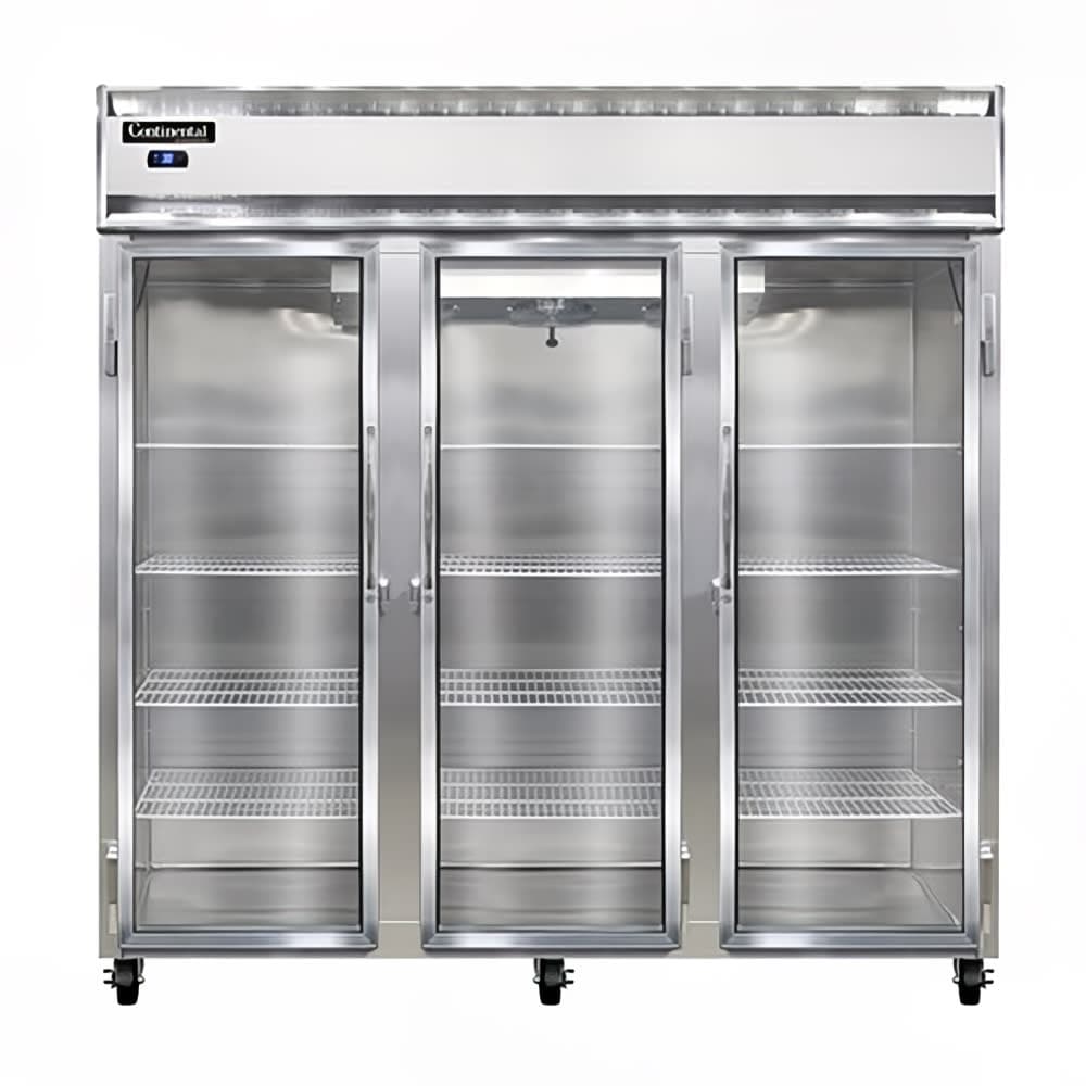 Continental 3RNSAGD 78" Three Section Reach In Refrigerator, (3) Left/Right Hinge Glass Doors, Top Compressor, 115v