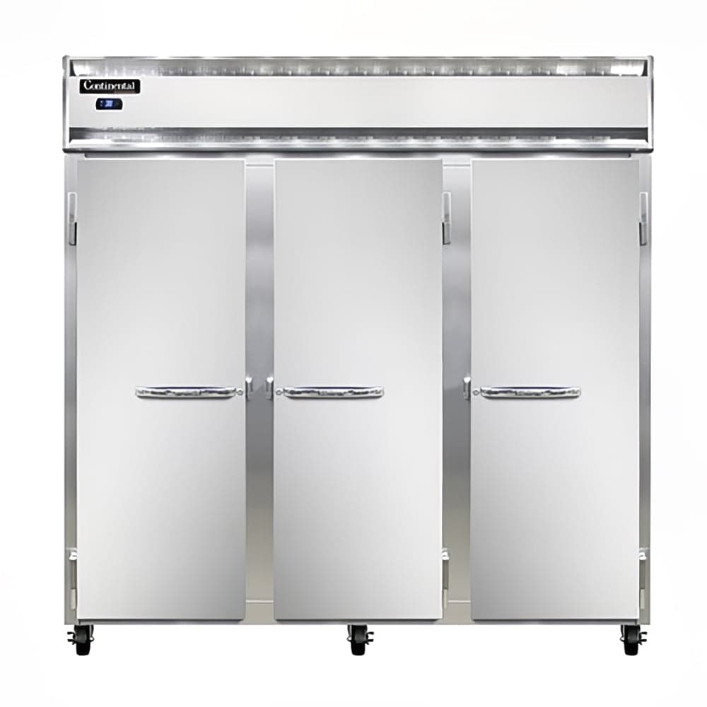 Continental 3RSN 78" Three Section Reach In Refrigerator, (3) Left/Right Hinge Solid Doors, Top Compressor, 115v