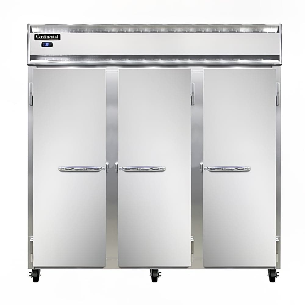 Continental 3RSNSA 78" Three Section Reach In Refrigerator, (3) Left/Right Hinge Solid Doors, Top Compressor, 115v