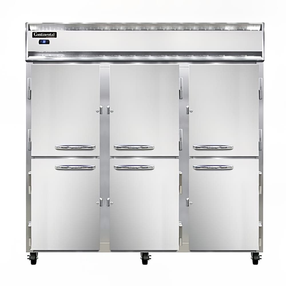 Continental 3RSNSAHD 78" Three Section Reach In Refrigerator, (6) Left/Right Hinge Solid Doors, Top Compressor, 115v