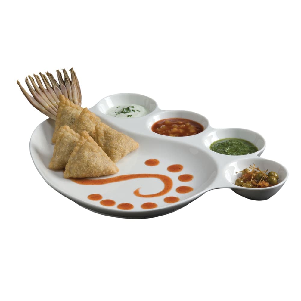 American Metalcraft CSP4 12 1/4" Oval Impression Plate w/ 4 Compartment Sauce Cup, Porcelain