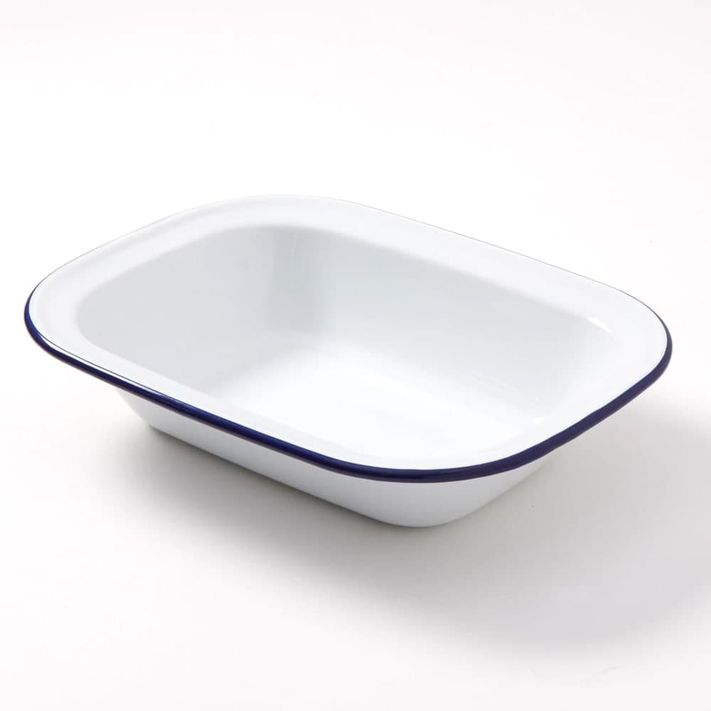 American Metalcraft EWB10 32 oz Oblong Enamelware Bowl - White w/ Blue Rim