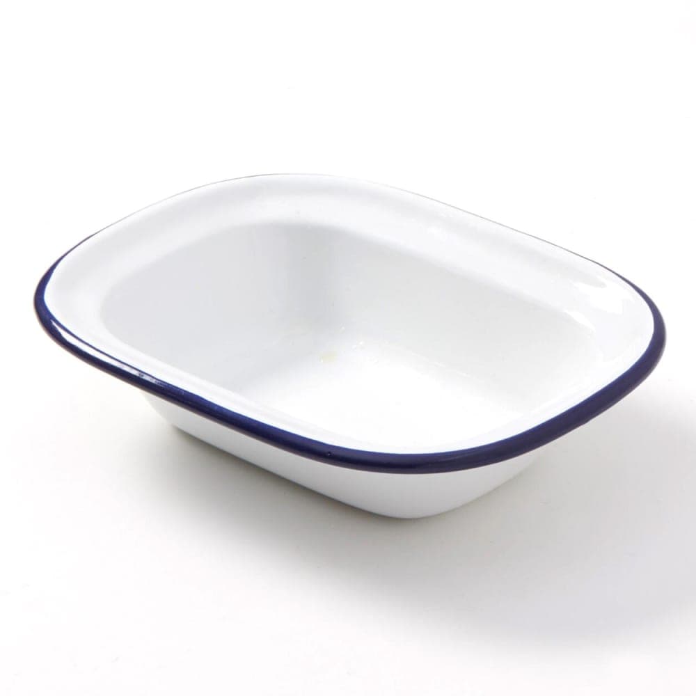 American Metalcraft EWB6 8 oz Oblong Enamelware Bowl - White w/ Blue Rim